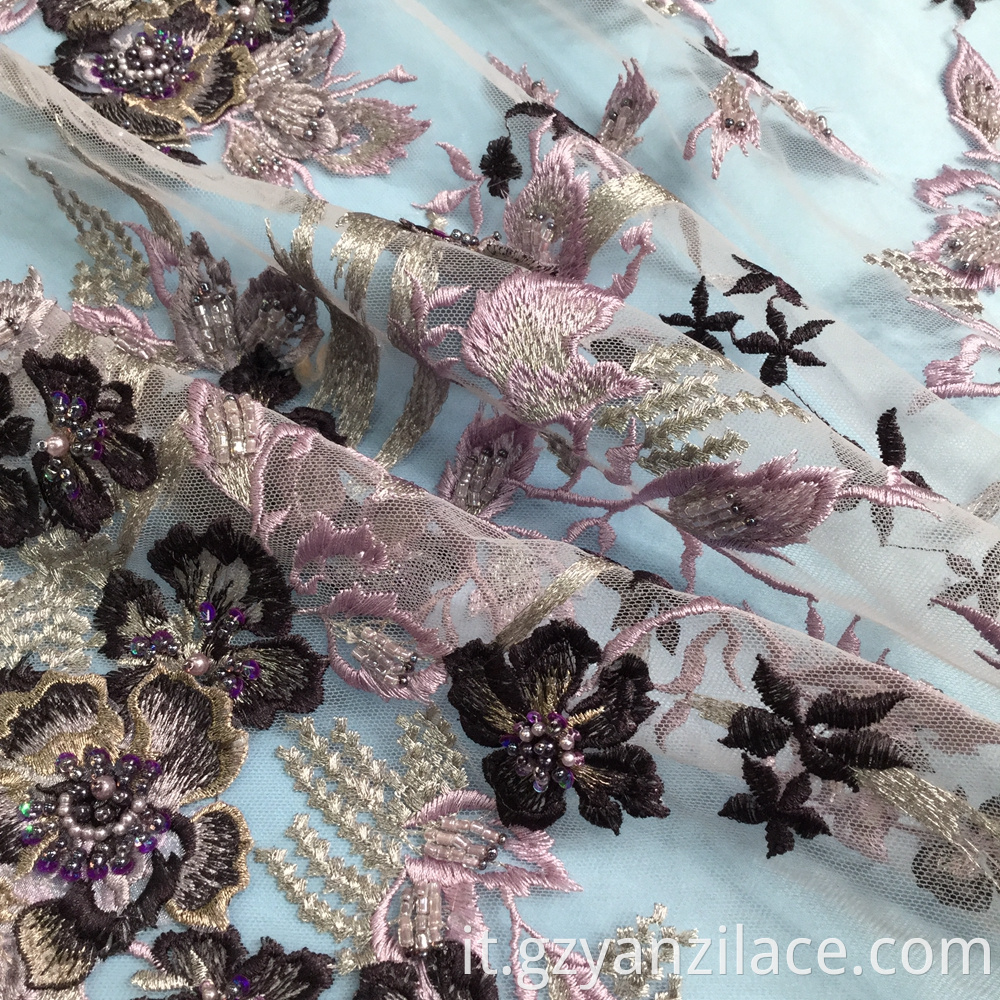 Dark Purple Beaded Lace Fabric